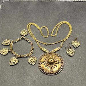 Brass tone necklace, heart bracelet ,earrings